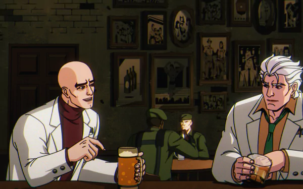 Professor X from X-Men '97 conversing with a character in a bar, featured in an HD TV show desktop wallpaper. The background showcases framed pictures on a brick wall.