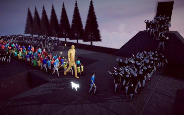 HD desktop wallpaper from the video game Humanity (2024), featuring a scene with colorful human figures, a glowing figure, and a dog leading a crowd toward a silhouetted structure against a backdrop of trees.