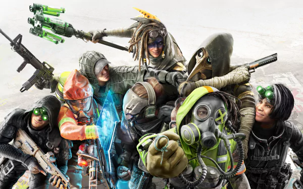 A high-definition desktop wallpaper featuring characters from the video game XDefiant, showcasing a diverse group of warriors in dynamic poses with detailed futuristic gear.