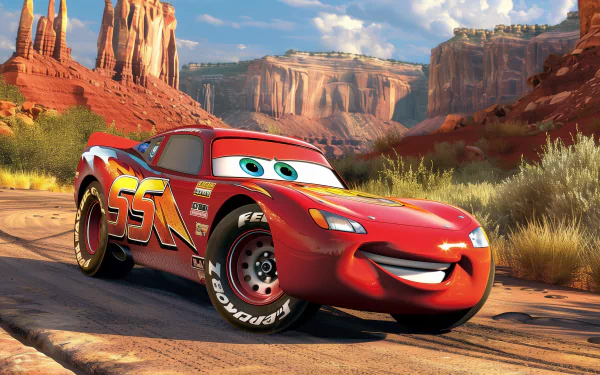 HD desktop wallpaper featuring Lightning McQueen from Pixar's movie Cars against a scenic desert backdrop.