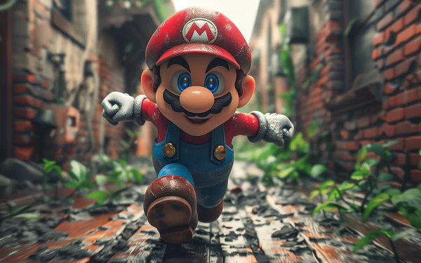HD desktop wallpaper featuring Mario from the Super Mario video game series, showcasing him running down a pathway in a lively, detailed setting.