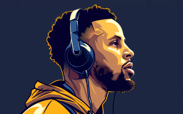 HD desktop wallpaper and background featuring an illustration of Stephen Curry wearing headphones, gazing into the distance.
