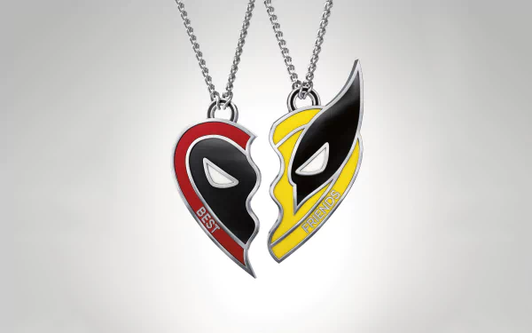 HD desktop wallpaper featuring split-heart necklaces with Deadpool's and Wolverine's masks. The left half is red and black with Deadpool's mask, labeled BEST; the right half is yellow and black with Wolverine's mask, labeled FRIENDS.