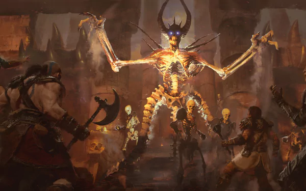 HD desktop wallpaper of Diablo II: Resurrected showcasing an intense battle scene with multiple warriors confronting a towering skeletal demon with glowing blue eyes.