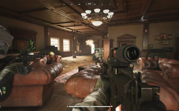 HD desktop wallpaper of the video game Arena Breakout: Infinite, depicting a detailed room with armed characters in a standoff, surrounded by leather furniture and wooden interior details.