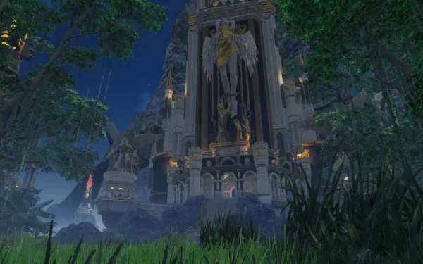 HD desktop wallpaper and background featuring a grand castle from the video game Rise Online, surrounded by lush trees and lit under a starry night sky.