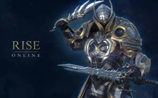HD desktop wallpaper featuring a character from the video game Rise Online, showcasing an armored warrior wielding a large, ornate blade against a dark, atmospheric background.