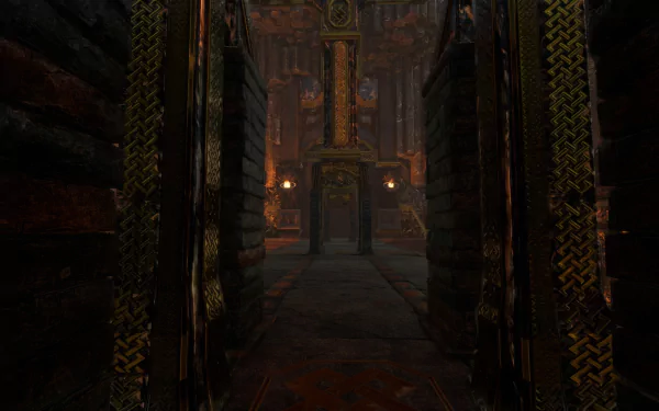 A high-definition desktop wallpaper featuring a dark, intricately designed hallway from the video game Rise Online. The image showcases detailed textures and ambient lighting in a mysterious setting.