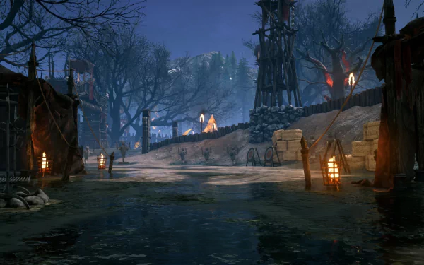 HD desktop wallpaper featuring a nighttime scene from the video game Rise Online, depicting a fortified village with illuminated torches, surrounded by a dark forest and a serene, icy landscape.
