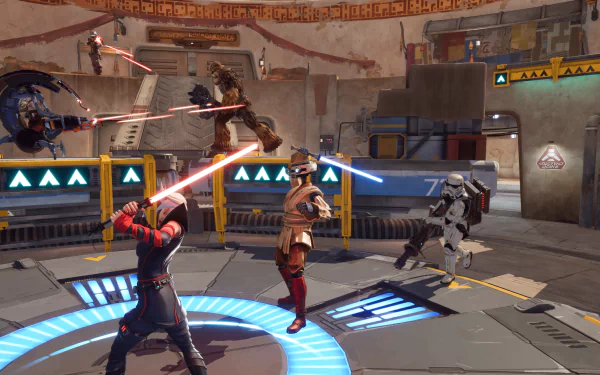 HD desktop wallpaper and background featuring action-packed gameplay from the video game Star Wars: Hunters, showcasing characters in a dynamic battle with lightsabers and blasters.
