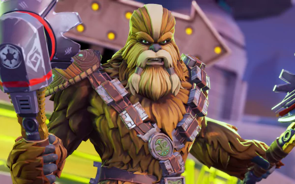 HD wallpaper of Chewbacca from the video game Star Wars: Hunters, showcasing the character in a dynamic, vivid background setting.