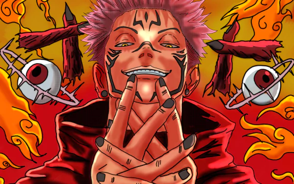 Jujutsu Kaisen character with fiery orange background, detailed facial markings, and intense gaze in 4K Ultra HD PC desktop wallpaper style.