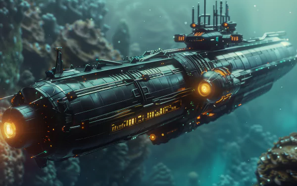 HD desktop wallpaper featuring a futuristic submarine underwater, surrounded by coral reefs and bathed in ethereal light.