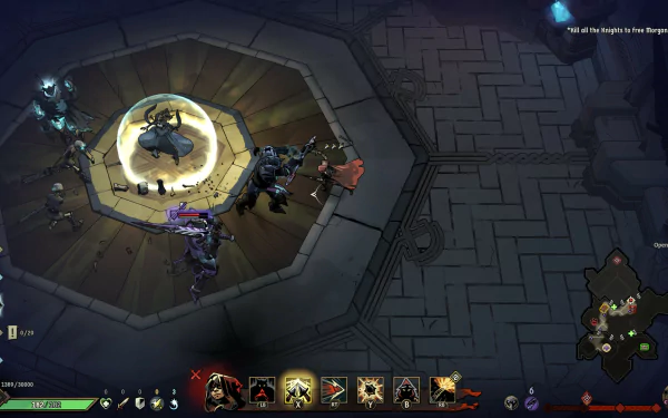 HD desktop wallpaper featuring a scene from the video game Ravenswatch. The image displays characters and gameplay elements set on a platform with a hexagonal pattern and intricate designs.