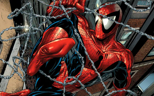 HD PC desktop wallpaper featuring Spider-Man in dynamic action, illustrated in Todd McFarlane's bold, detailed comic style.