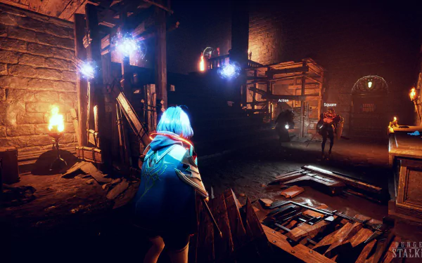 A high-definition desktop wallpaper and background featuring a scene from the video game Dungeon Stalkers, depicting a character exploring a dimly lit, eerie dungeon with torches and mysterious floating orbs.