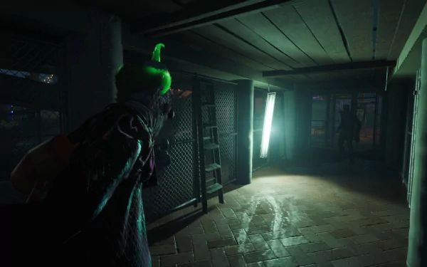 HD wallpaper of the video game Killer Klowns from Outer Space: The Game, featuring a dark, eerie hallway with a clown character approaching a shadowy figure.