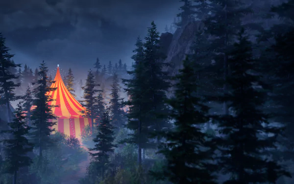 A HD desktop wallpaper from Killer Klowns from Outer Space: The Game, depicting a colorful circus tent illuminated in a dark, eerie forest setting.