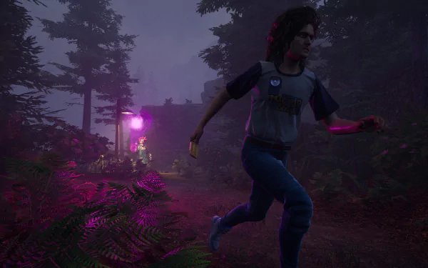 HD wallpaper from Killer Klowns from Outer Space: The Game showing a character running through a dark, eerie forest with vibrant purple lighting in the background.
