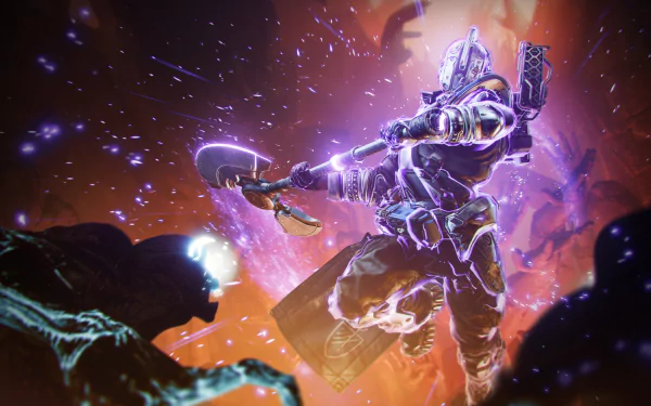 HD desktop wallpaper and background of Destiny 2: The Final Shape, featuring a dynamic battle scene with a glowing, armored character wielding an axe amidst a vibrant, mystical setting.