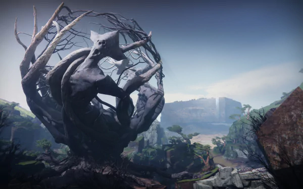 HD desktop wallpaper of Destiny 2: The Final Shape, featuring a mysterious, twisted tree-like structure in a detailed landscape of rocky terrain and distant cliffs.
