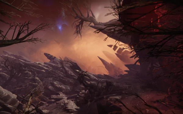 HD desktop wallpaper of Destiny 2: The Final Shape, featuring a dramatic, otherworldly landscape with jagged rocks and an eerie, glowing atmosphere.