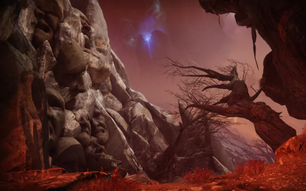 High-definition desktop wallpaper of Destiny 2: The Final Shape, featuring a rocky, alien landscape with intricate rock formations and a hazy sky.
