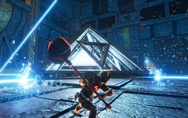 A high-definition desktop wallpaper featuring a scene from the video game Soulmask. A character wielding a large weapon stands before a mysterious, glowing pyramid structure in a futuristic environment.