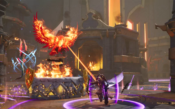 HD desktop wallpaper and background featuring intense gameplay from the video game Smite 2, showcasing a fiery phoenix and a character in battle within a vibrant, mystical arena.