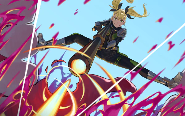 Anime-style 8K Ultra HD PC wallpaper featuring Kikoru Shinomiya from Kaiju No. 8 in action, firing a powerful blast against a fiery red kaiju.