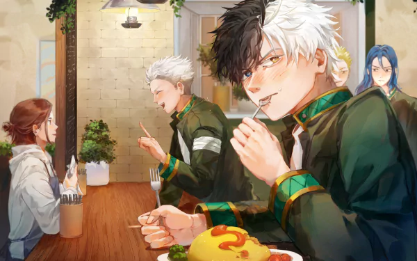 Anime-style 4K Ultra HD wallpaper featuring Wind Breaker characters Haruka Sakura and Hajime Umemiya dining indoors with detailed backgrounds and warm lighting.