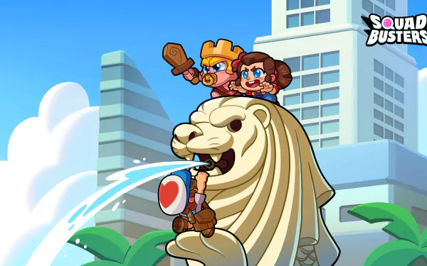 HD desktop wallpaper and background featuring characters from the video game Squad Busters. They are depicted sitting on a lion statue in an urban setting with skyscrapers and blue sky.