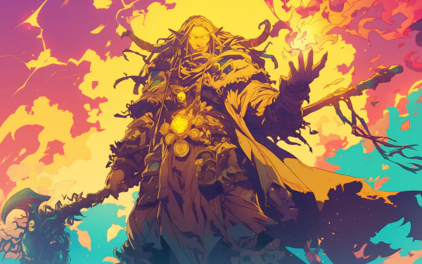 A vibrant HD desktop wallpaper featuring a powerful shaman from the video game World of Warcraft, set against a colorful, dynamic background.