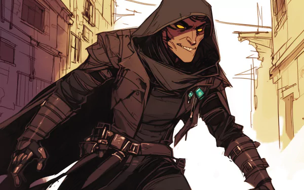 Cartoon of a thief in dark clothing, with a hood and gloves, sneaking through an alley. The image has HD quality and is designed as a desktop wallpaper and background.