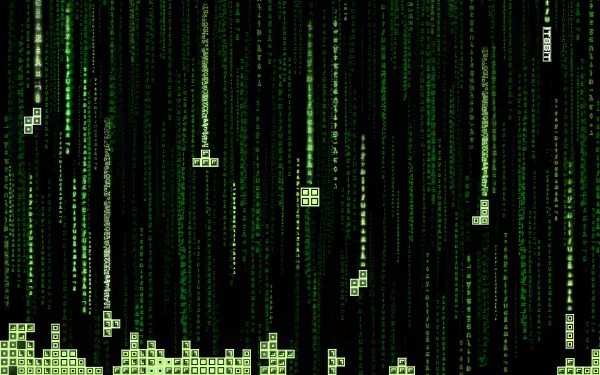 HD desktop wallpaper features a Tetris-themed design with falling green blocks against a matrix-style background.