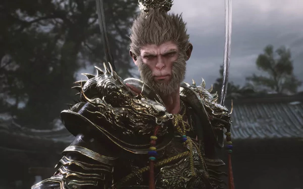 HD desktop wallpaper featuring a character from the video game Black Myth: Wukong, showcasing intricate armor and set against a cloudy, scenic backdrop.