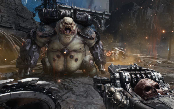 HD wallpaper of the video game DOOM: The Dark Ages featuring an intense battle scene with a menacing creature, a rugged environment, and detailed weaponry.
