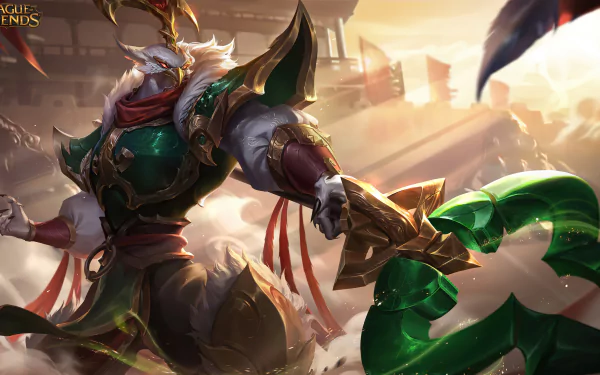 HD desktop wallpaper featuring Azir, a champion from the video game League of Legends, in an epic stance with elaborate armor and a glowing green weapon, set against a dynamic and dramatic background.