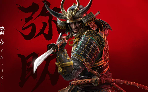 Assassin's Creed Shadows video game 4K Ultra HD PC desktop wallpaper and background: fierce samurai assassin in ornate armor and horned kabuto, sword raised against a red backdrop with kanji.