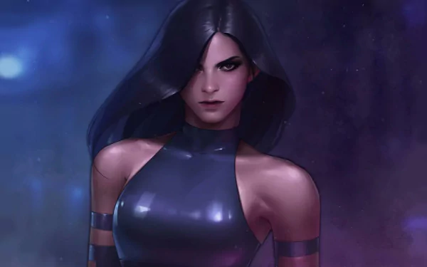 HD desktop wallpaper featuring Marvel Comics' Psylocke from X-Men, illustrated by Jeehyung Lee with a dark, mysterious atmosphere.