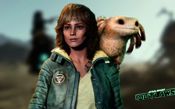 HD desktop wallpaper of Kay Vess from the video game Star Wars Outlaws, featuring her in a detailed outfit with a small creature on her shoulder. The background is a blurred, action-filled scene.