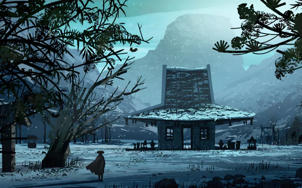HD desktop wallpaper featuring an Anime scene from Blue Eye Samurai, set in a snowy landscape with a lone figure near a house and mountains in the background.
