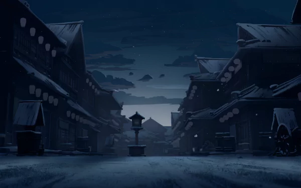 HD desktop wallpaper featuring a serene nighttime street scene from the anime Blue Eye Samurai, with dimly lit traditional buildings creating a tranquil atmosphere.