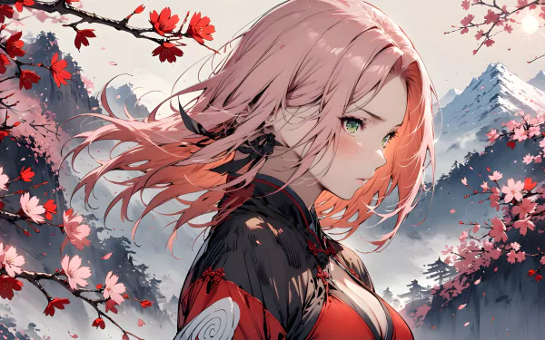 4K Ultra HD PC wallpaper featuring Sakura Haruno from Naruto, depicted with flowing pink hair amid Japanese cherry blossoms and mountain scenery.