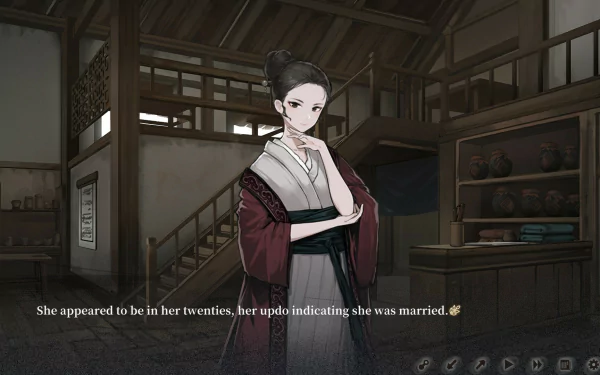 A scene from The Hungry Lamb: Traveling in the Late Ming Dynasty video game, depicting a woman in traditional attire inside a historical building. Text reads: She appeared to be in her twenties, her updo indicating she was married.