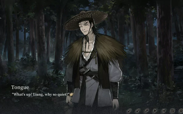 HD desktop wallpaper depicting a scene from the video game The Hungry Lamb: Traveling in the Late Ming Dynasty, featuring a character named Tongue in a forest at night.