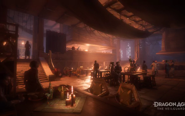 HD wallpaper of a tavern scene from the video game Dragon Age: The Veilguard, showcasing a cozy, dimly lit interior with patrons and warm ambiance.