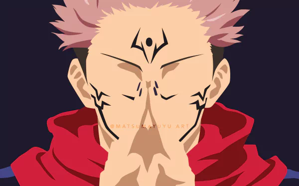 8K Ultra HD anime wallpaper featuring Sukuna from Jujutsu Kaisen with closed eyes, distinct facial markings, and spiky hair against a dark background.
