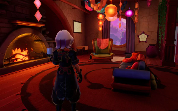 HD desktop wallpaper featuring the video game Wanderstop. The scene depicts a cozy, intricately designed room with a character standing in front of a fireplace, surrounded by colorful furniture and warm lighting.