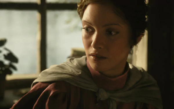 HD desktop wallpaper featuring a character from the video game Eriksholm: The Stolen Dream. The image shows a young woman in soft lighting, looking thoughtfully to the side.